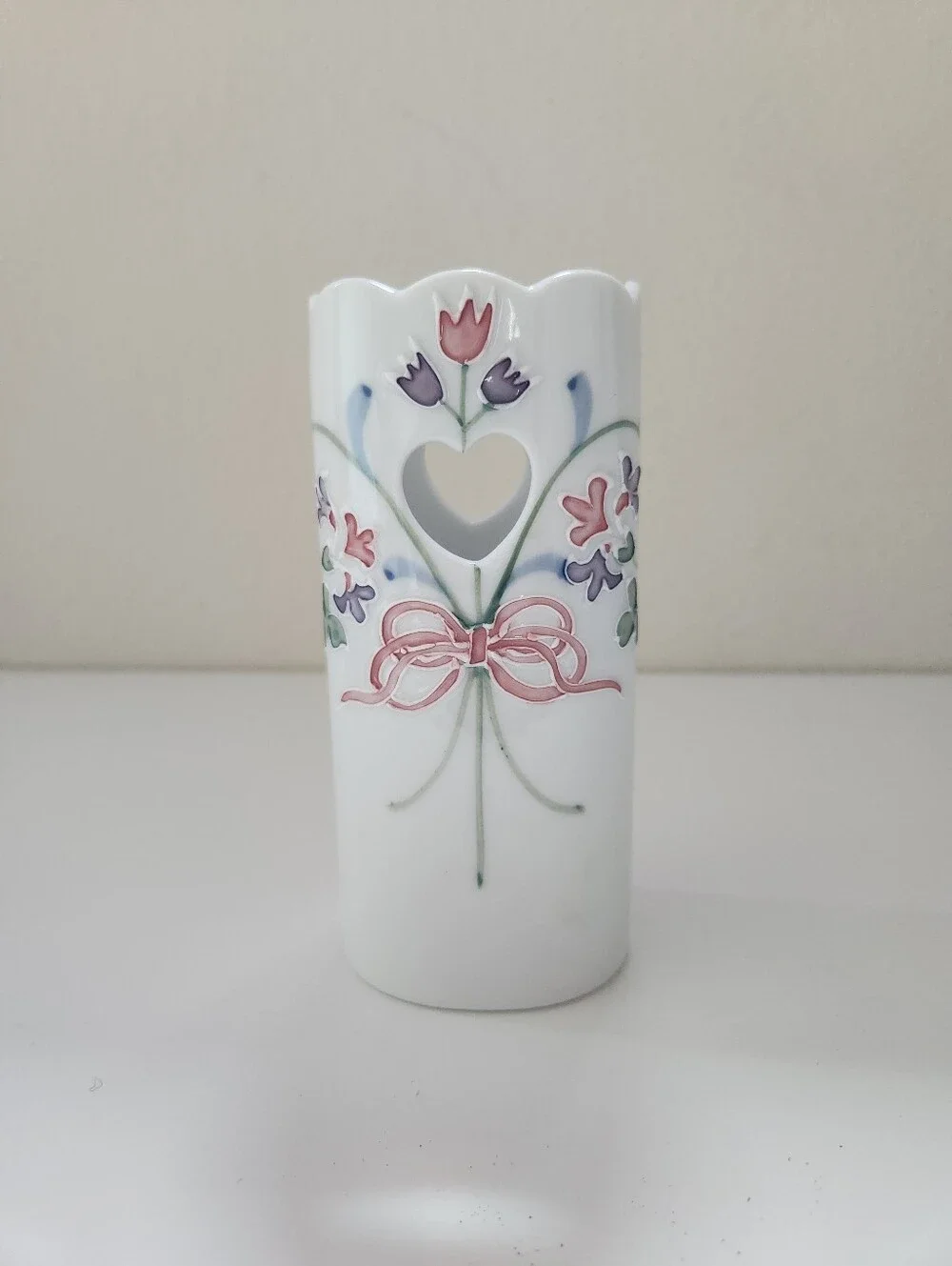 Vintage White Porcelain Floral Heart Cutout Bud Vase Cottagecore